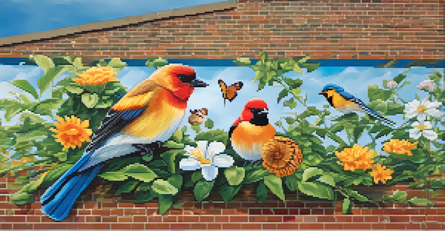 A vibrant mural depicting local wildlife and flowers on a brick wall, promoting environmental awareness.