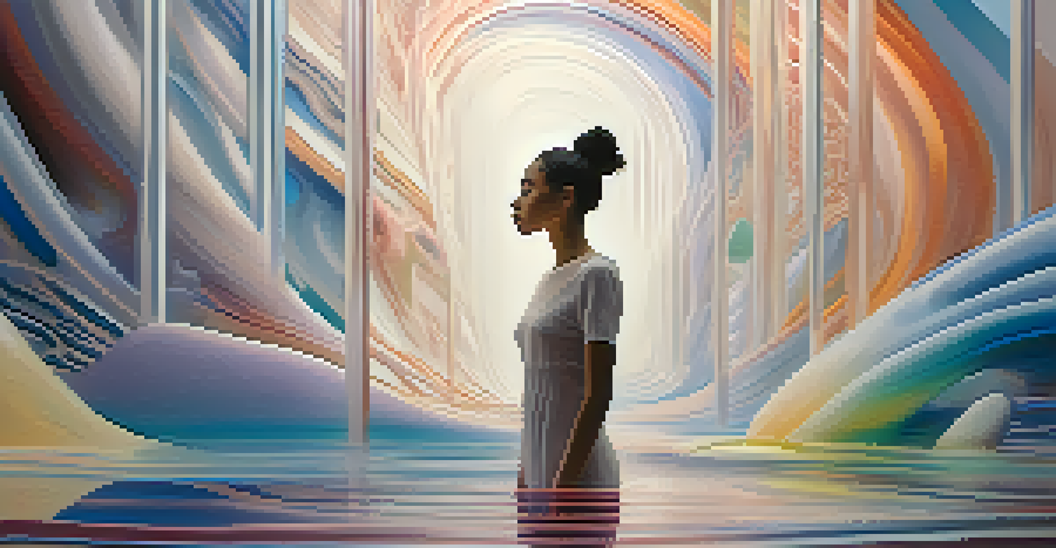 A surreal digital artwork depicting a figure with shifting colors and patterns, symbolizing fluid identity in a dreamlike setting.