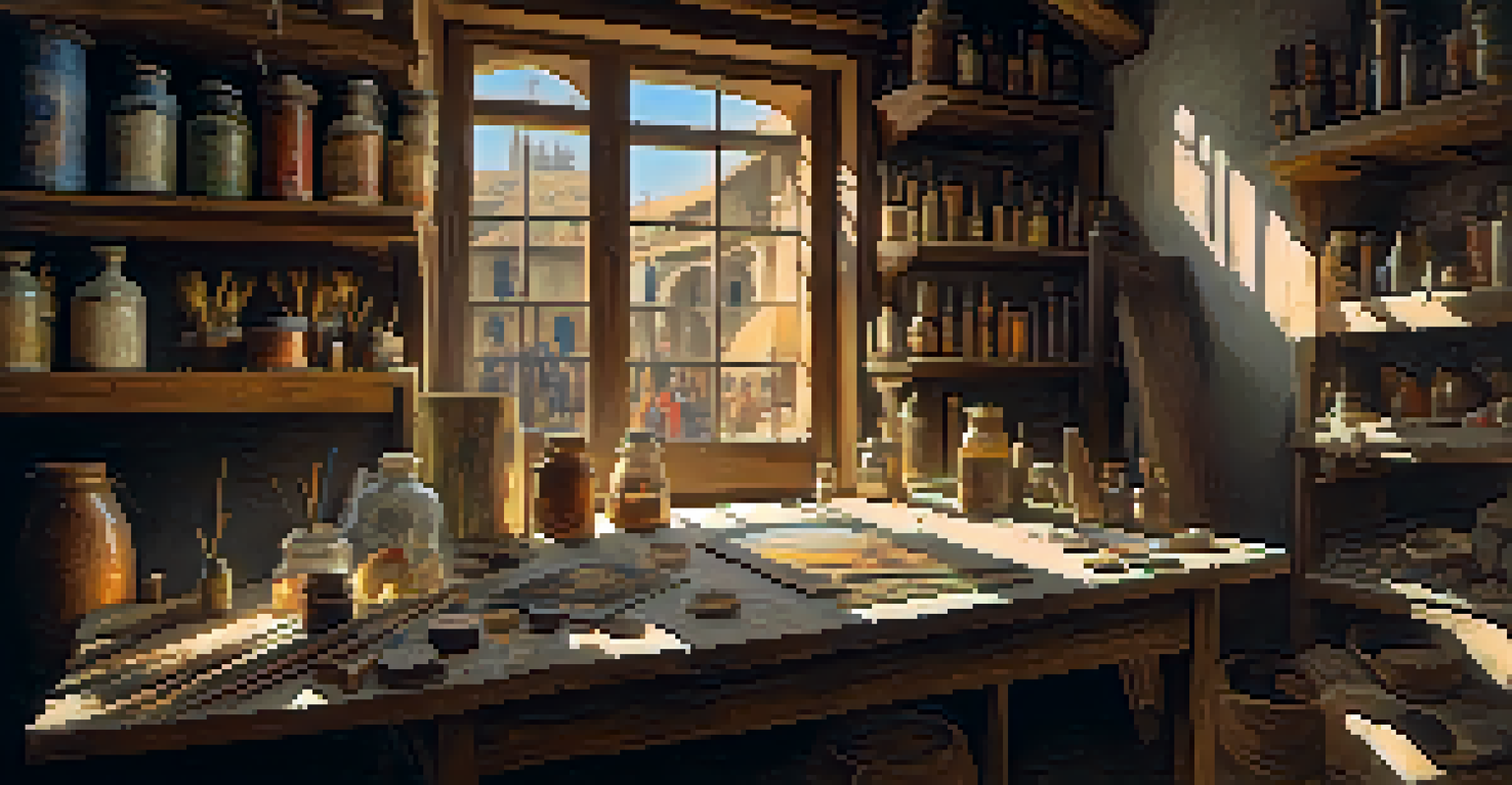 A medieval artist's workshop with painting tools and bright pigments, showcasing an artist mixing colors with sunlight streaming in.