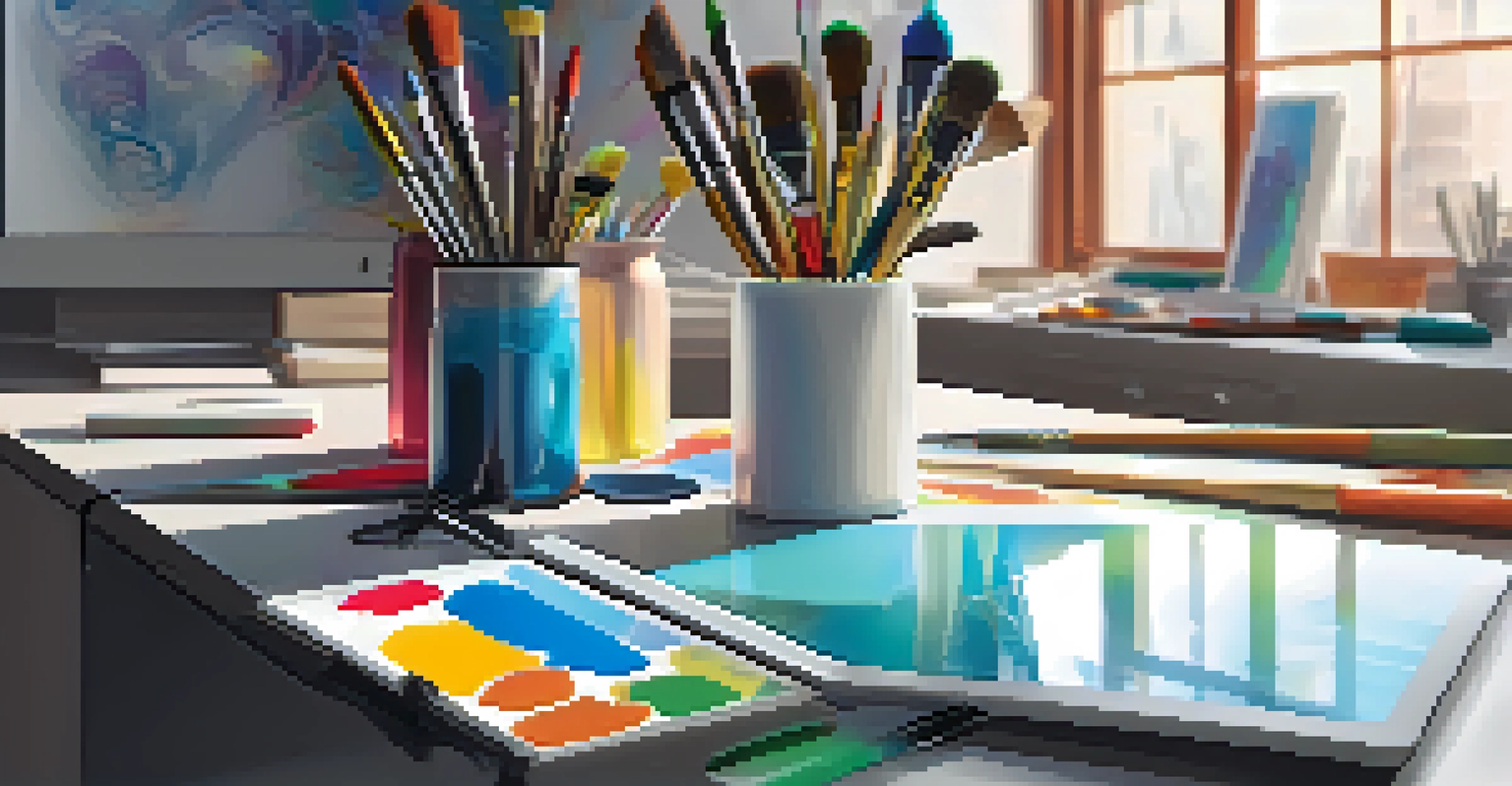 A modern artist's workspace featuring futuristic painting tools like a self-cleaning brush and color-changing paint, alongside a digital tablet with artwork in progress.