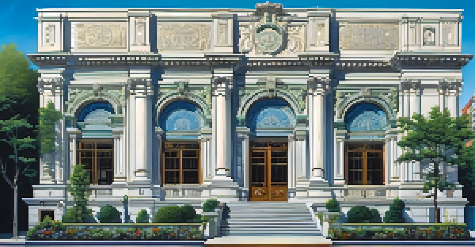 A historic art institution with grand architecture, featuring ornate doors and a banner, surrounded by greenery.