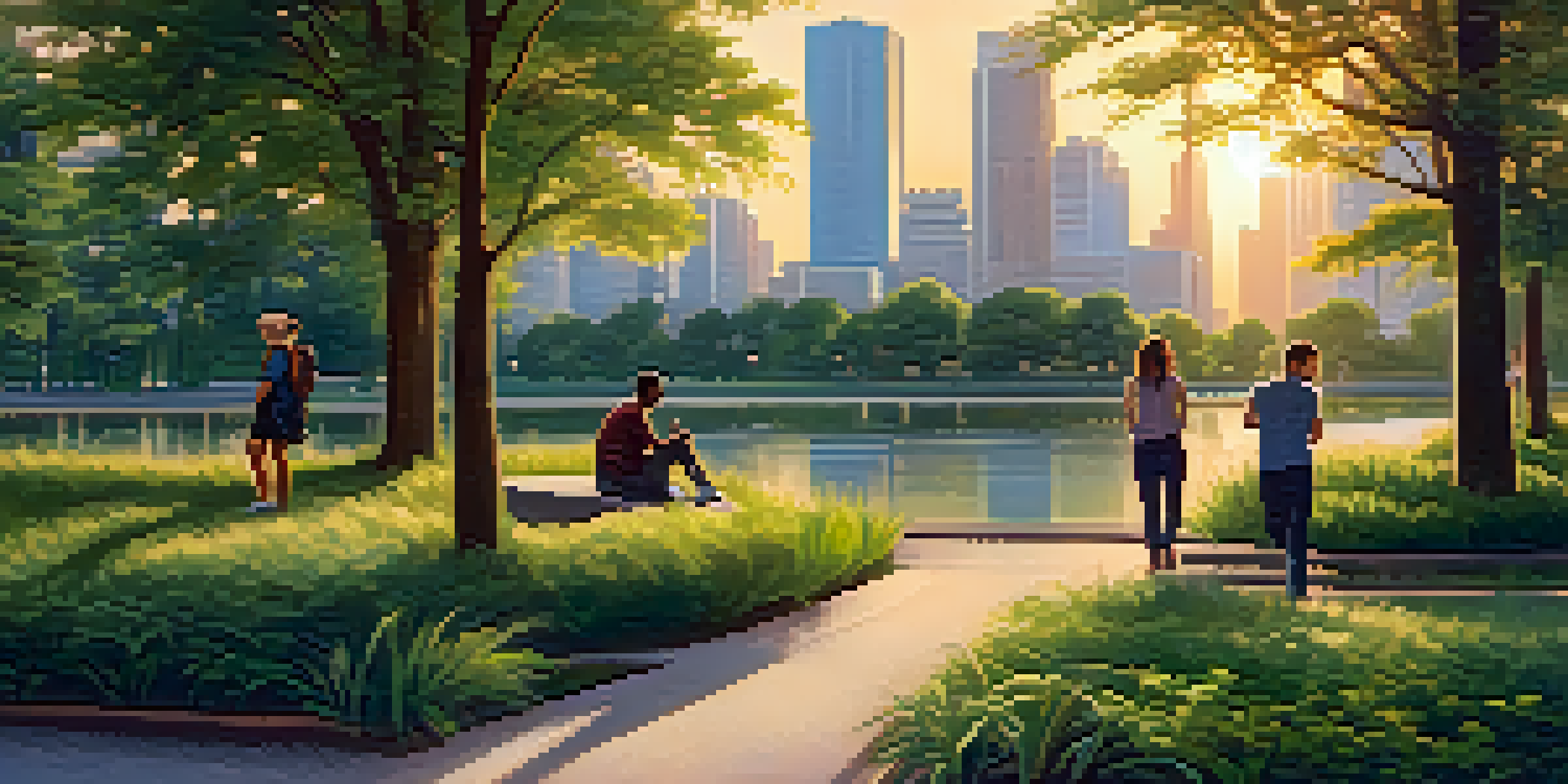 A peaceful urban park at sunset with people enjoying nature, surrounded by skyscrapers and greenery.