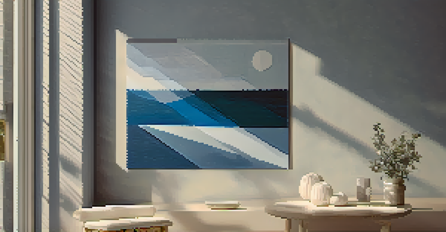 A calm monochromatic collage in shades of blue with textured elements arranged in a balanced composition.