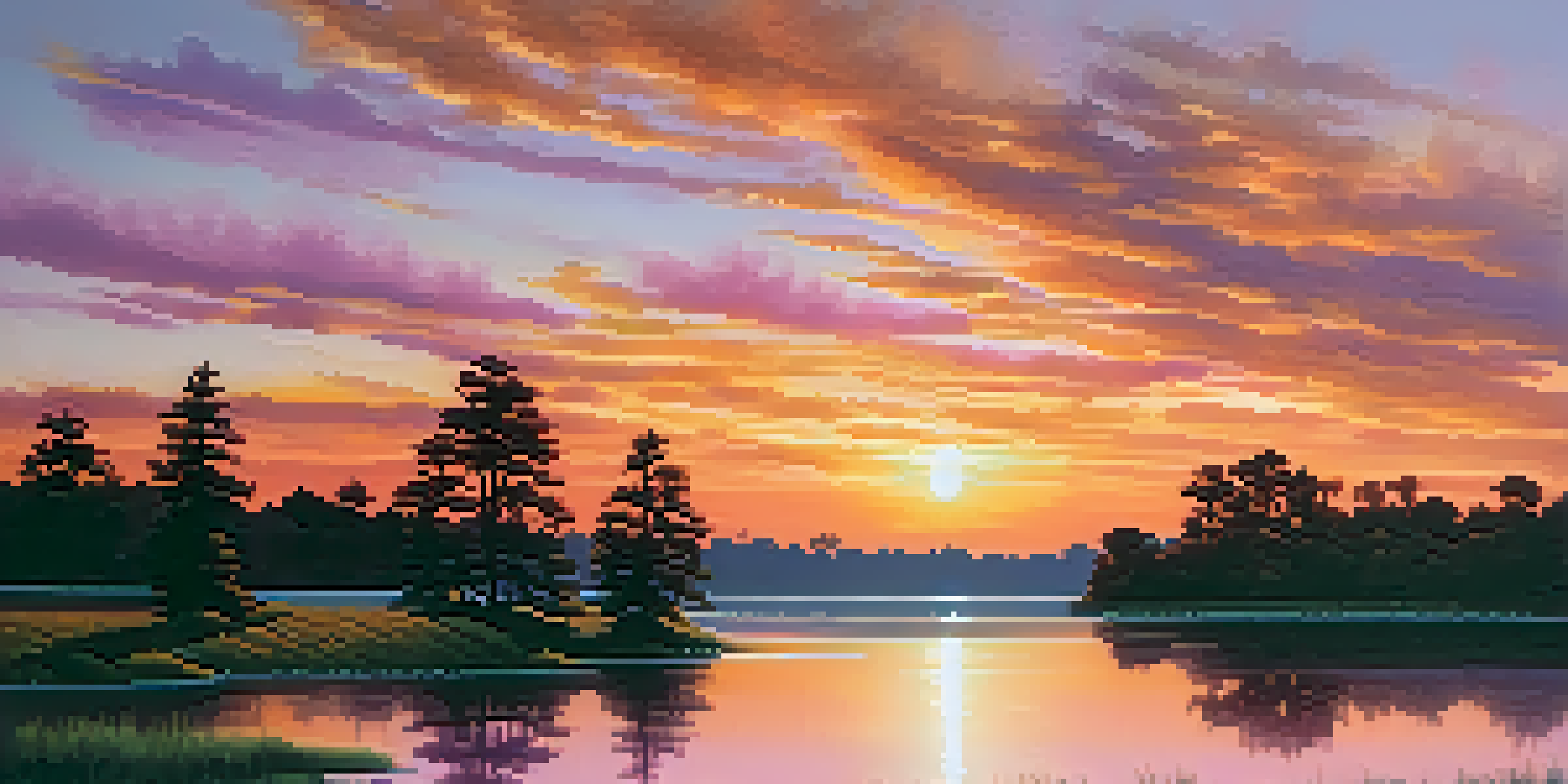 A picturesque sunset over a calm lake, with colorful reflections and silhouetted trees.