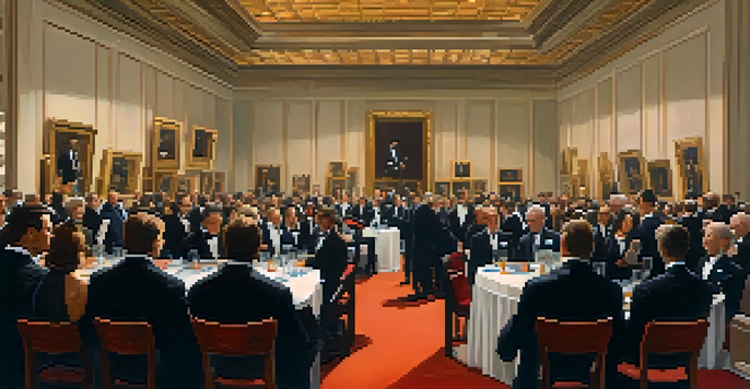 An elegant auction house with a prestigious painting on display and formal bidders, illuminated by dramatic lighting, creating an atmosphere of excitement.