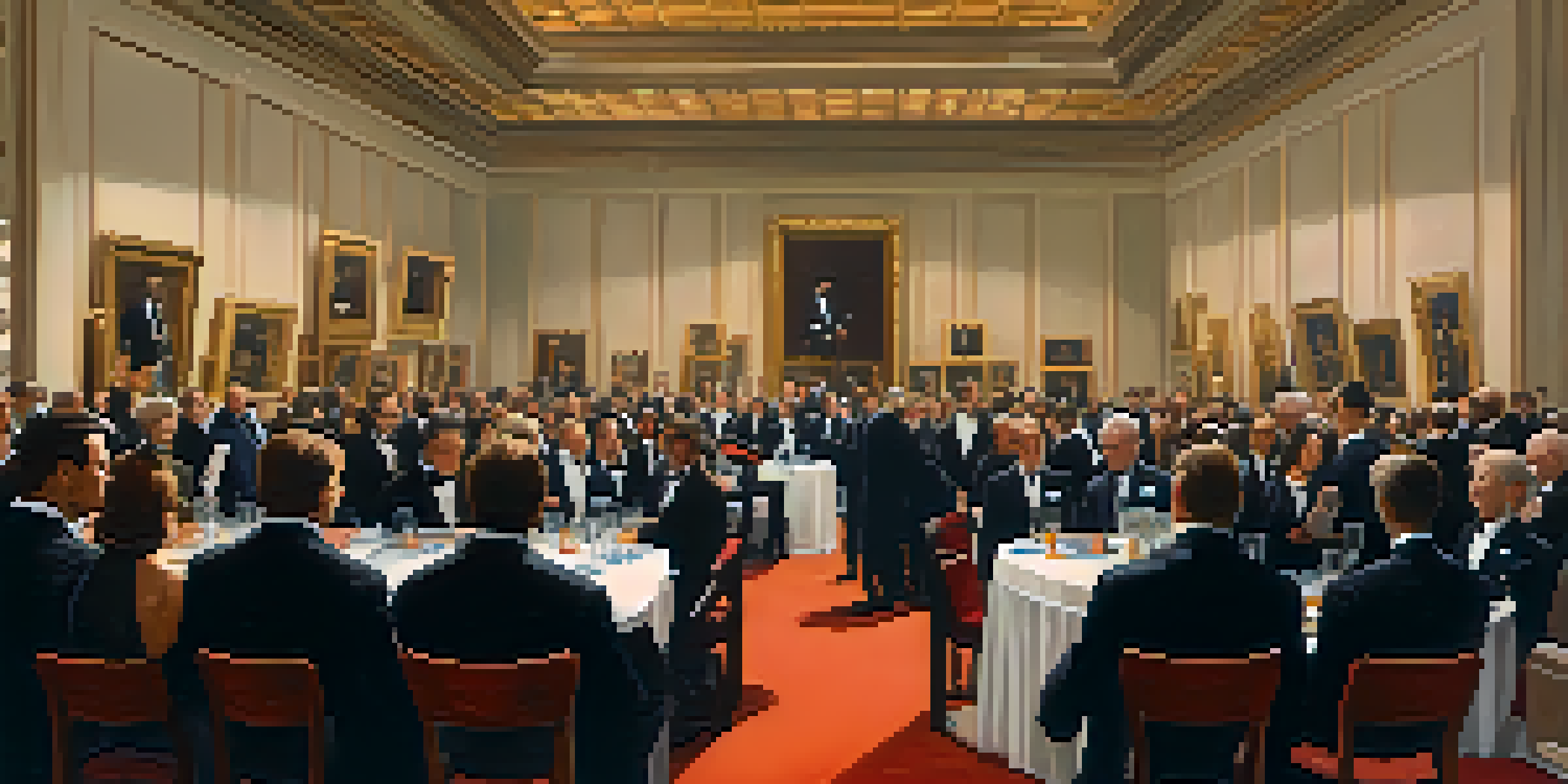 An elegant auction house with a prestigious painting on display and formal bidders, illuminated by dramatic lighting, creating an atmosphere of excitement.