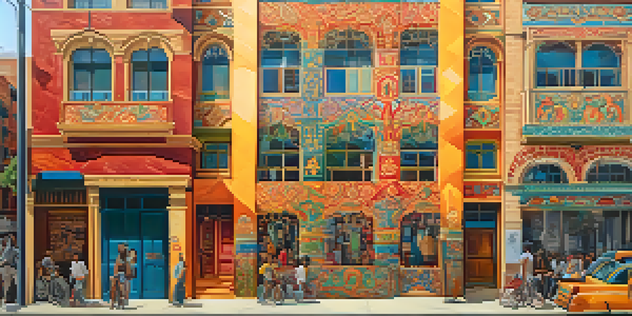 A colorful mural created by artists from different cultures, displaying intricate patterns and bright colors in an urban setting.