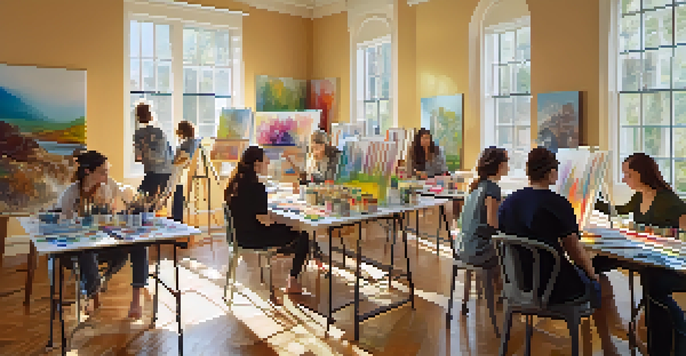 A group of diverse individuals engaged in a peaceful art therapy session, painting on canvases in a sunlit room filled with colorful artwork and art supplies.