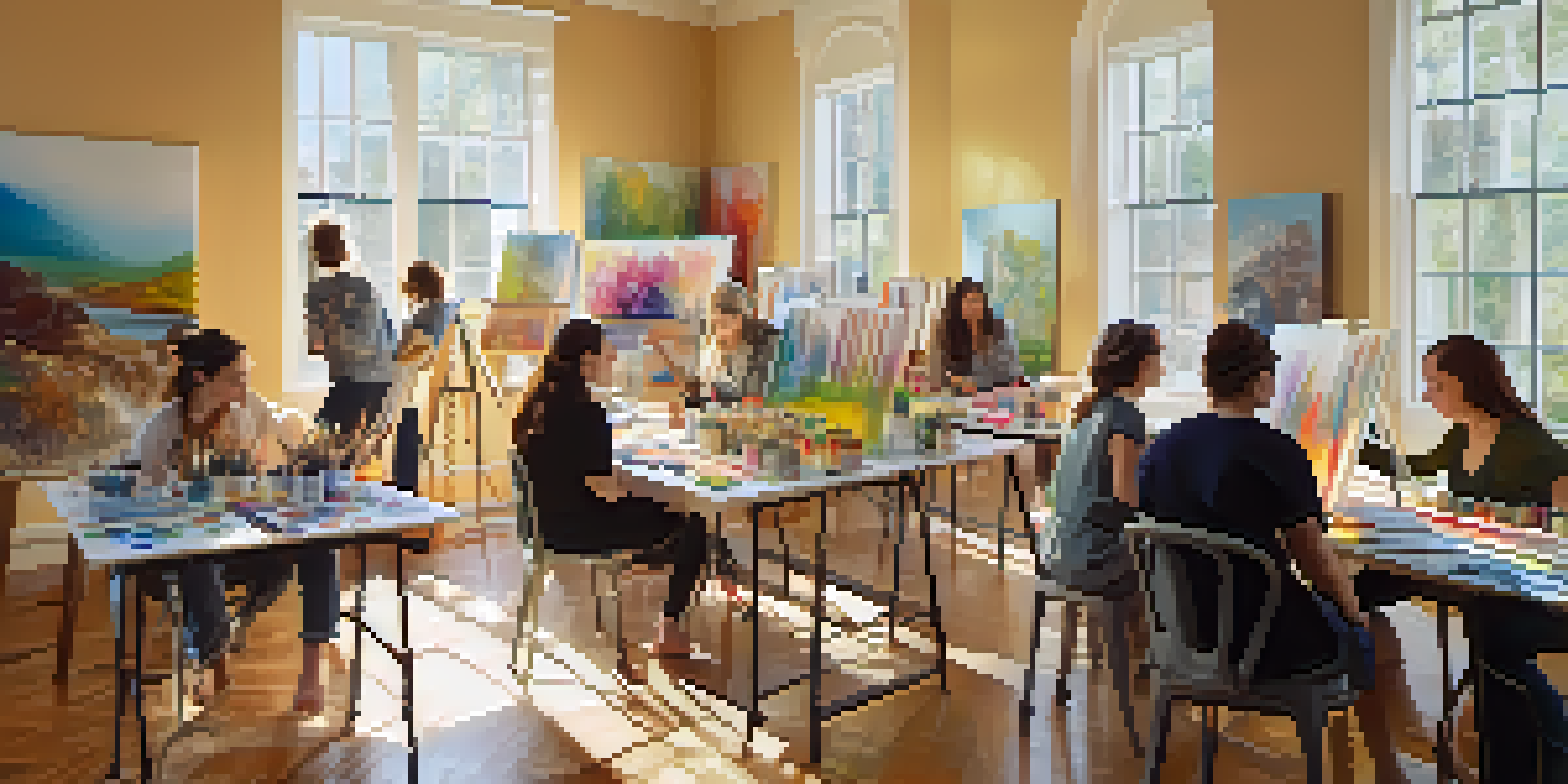 A group of diverse individuals engaged in a peaceful art therapy session, painting on canvases in a sunlit room filled with colorful artwork and art supplies.
