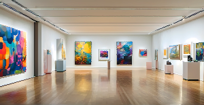 A modern art gallery filled with colorful contemporary artworks and visitors interacting with the pieces.