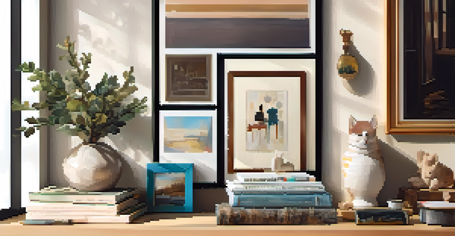 A cozy home interior showing an opened art subscription box with various artworks inside, illuminated by natural light from a window.