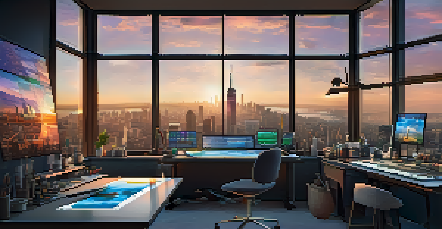 Futuristic artist's studio with smart technology tools and a view of the city skyline at sunset.