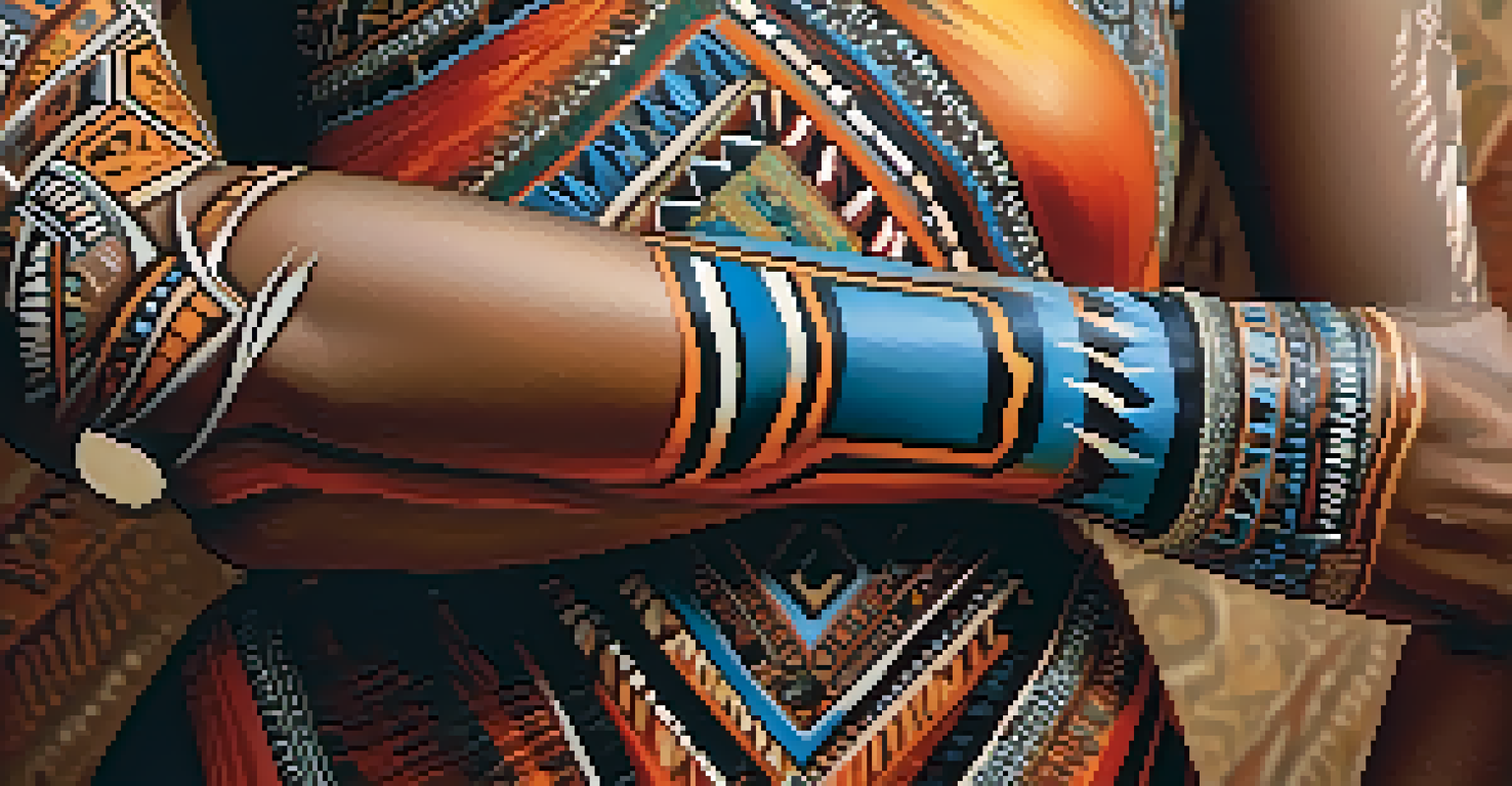 A close-up of a decorated arm with tribal body paint, showcasing bold colors and intricate patterns against a softly blurred background.
