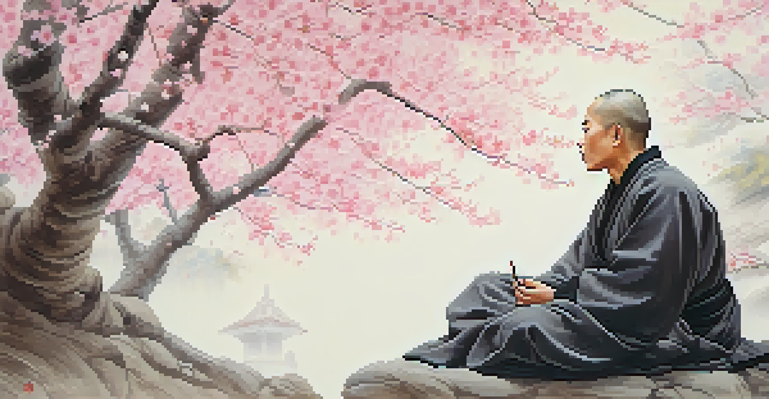 An ink painting of a monk meditating under a cherry blossom tree, surrounded by pink flowers, representing peace and mindfulness.
