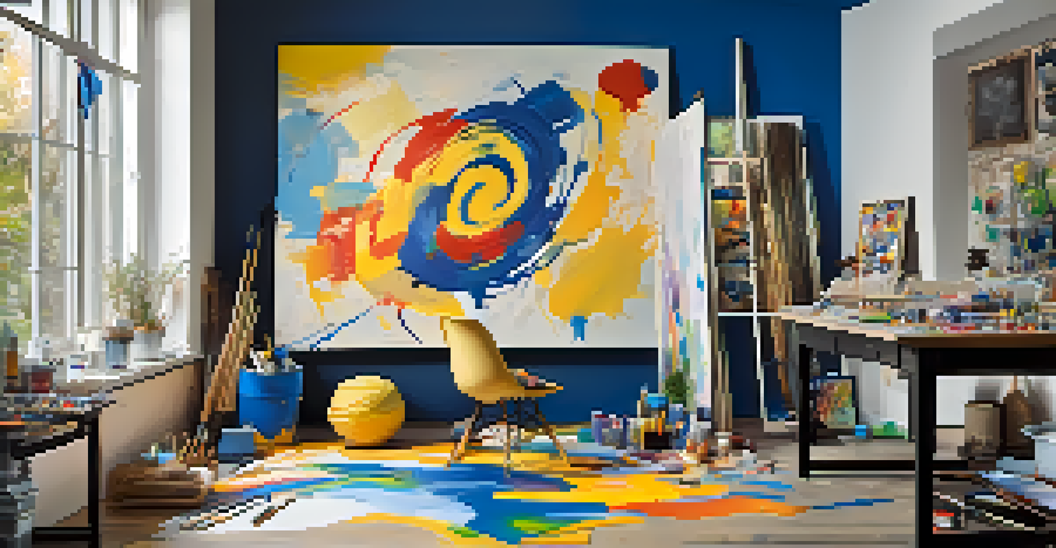 An artist's studio with vibrant abstract paintings on the walls, featuring a canvas with swirling blues and yellows, symbolizing emotions.