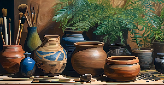 A still life arrangement showcasing natural painting tools including clay pots, animal hair brushes, and colorful plant pigments on a wooden table, illuminated by warm lighting.