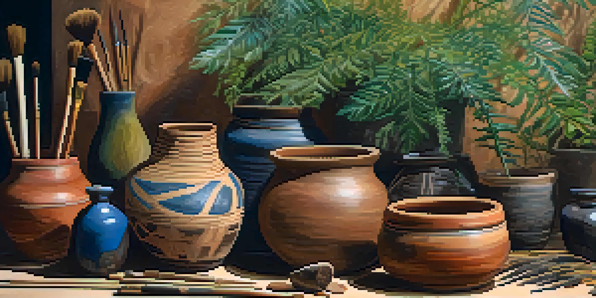 A still life arrangement showcasing natural painting tools including clay pots, animal hair brushes, and colorful plant pigments on a wooden table, illuminated by warm lighting.