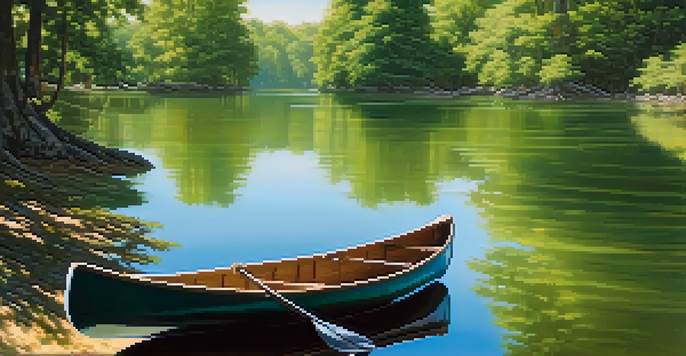 A peaceful lake scene with trees and a canoe under a clear sky.