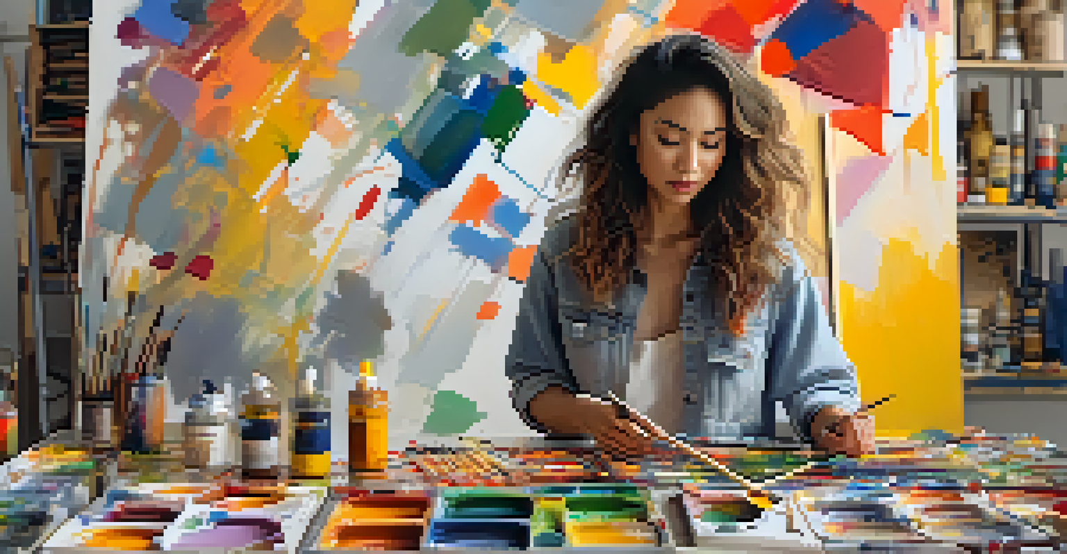 An artist in a bright studio painting on a canvas, surrounded by colorful artworks that represent her mixed cultural identity.