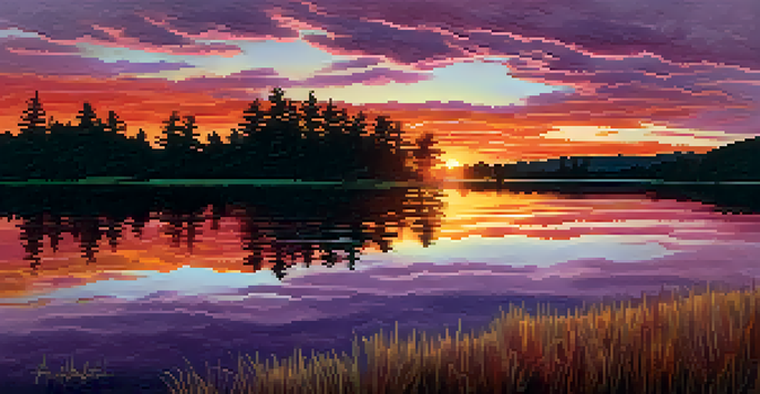 A colorful sunset over a calm lake, with warm hues reflecting on the water and silhouetted trees in the foreground.