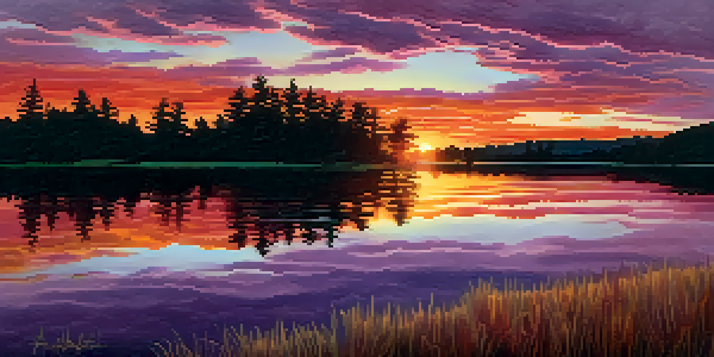 A colorful sunset over a calm lake, with warm hues reflecting on the water and silhouetted trees in the foreground.