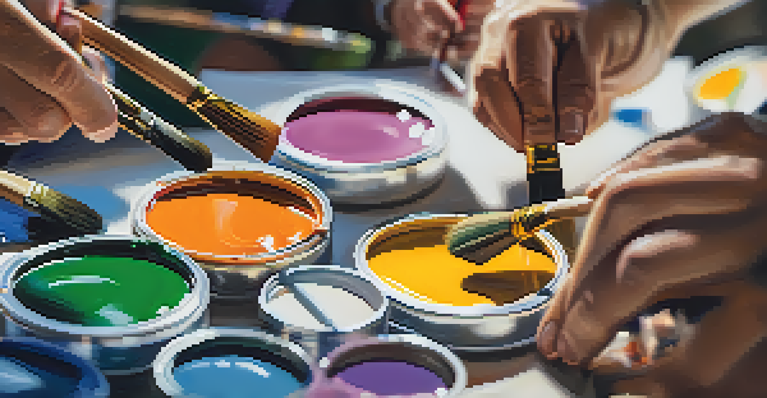 Close-up of hands holding paintbrushes, applying vibrant paint to a canvas during a collaborative art session.