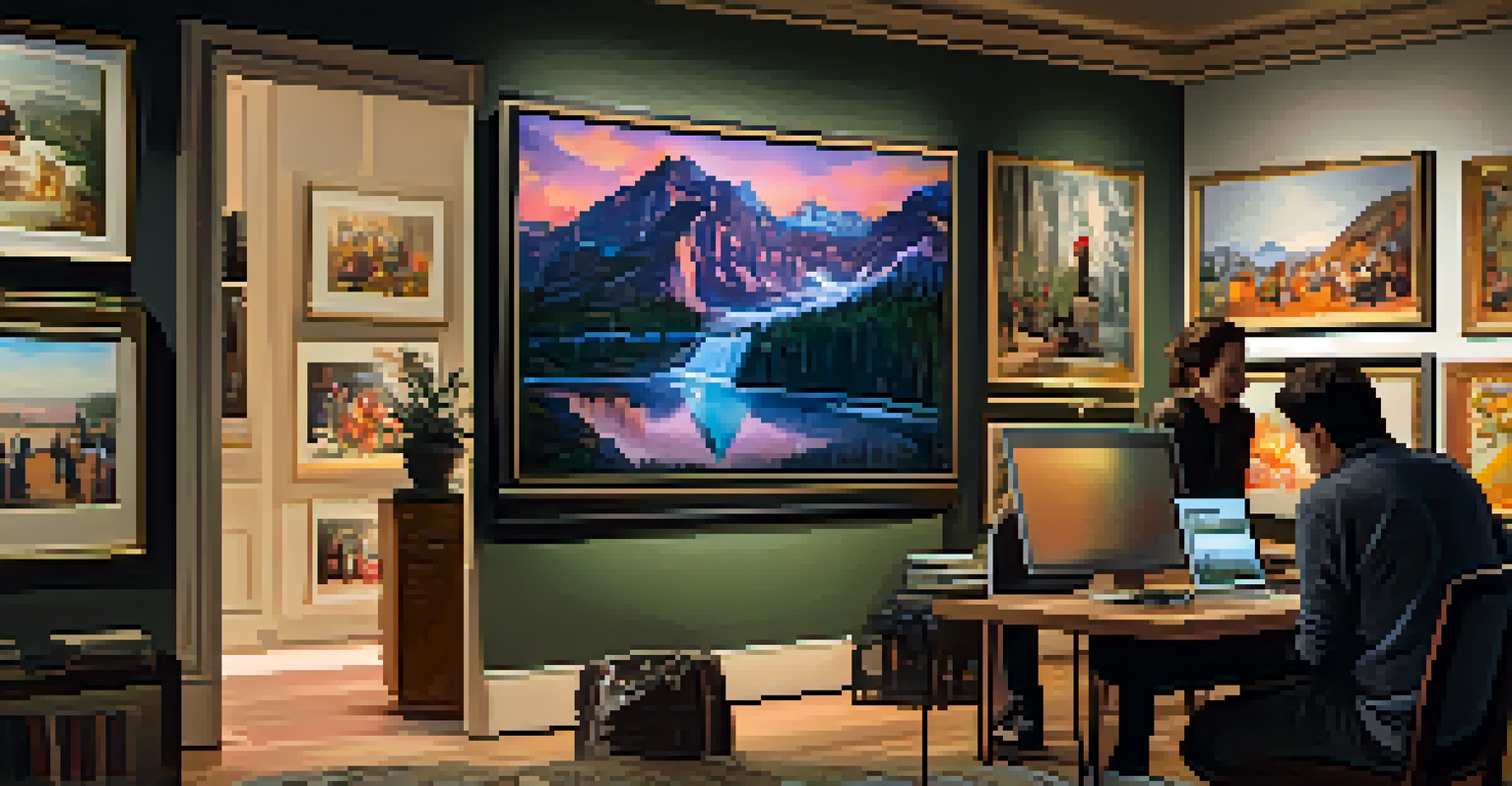 A collector participating in an online art auction on a laptop, surrounded by art books and framed pictures in a cozy room.