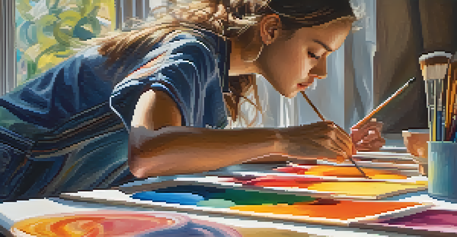 Close-up of a young woman painting an abstract canvas with vibrant colors, illuminated by soft sunlight from a window.