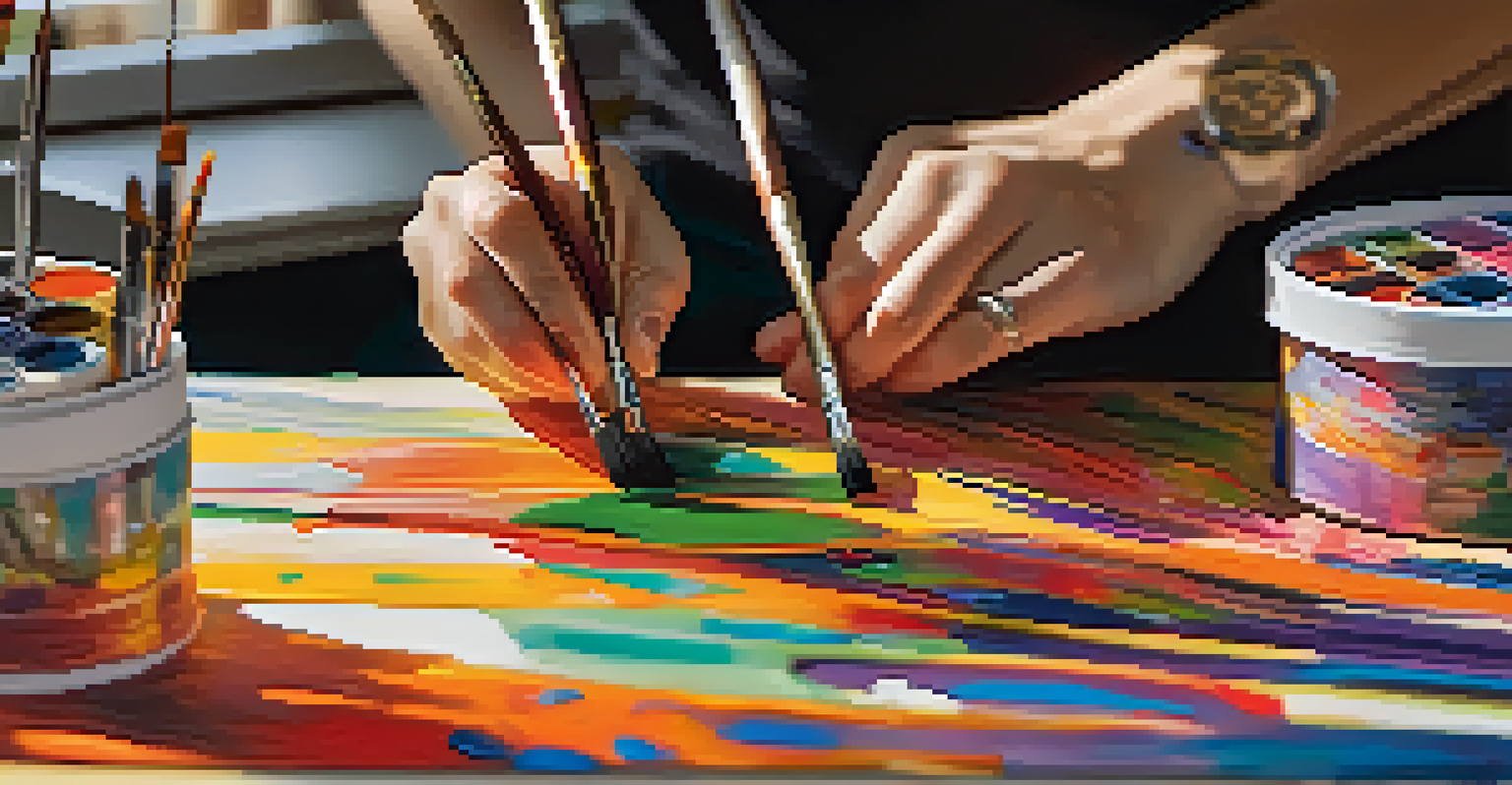 An artist's hands painting on a canvas in a sunlit studio filled with colorful art supplies and a view of a garden.