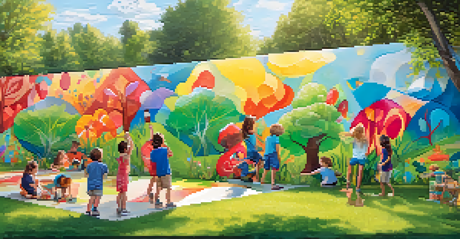 Children working together on a colorful outdoor mural, surrounded by nature.