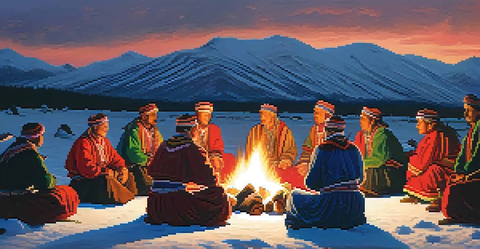 A group of Sami individuals in traditional attire with colorful body paint gathered around a campfire.