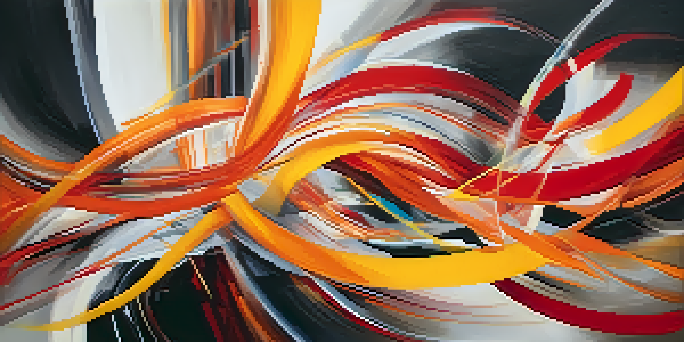 An abstract painting filled with dynamic lines and bright colors representing a lively jazz performance.