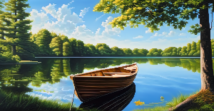 A tranquil lake surrounded by green forests reflecting the trees and sky, with a small wooden boat floating on the water.