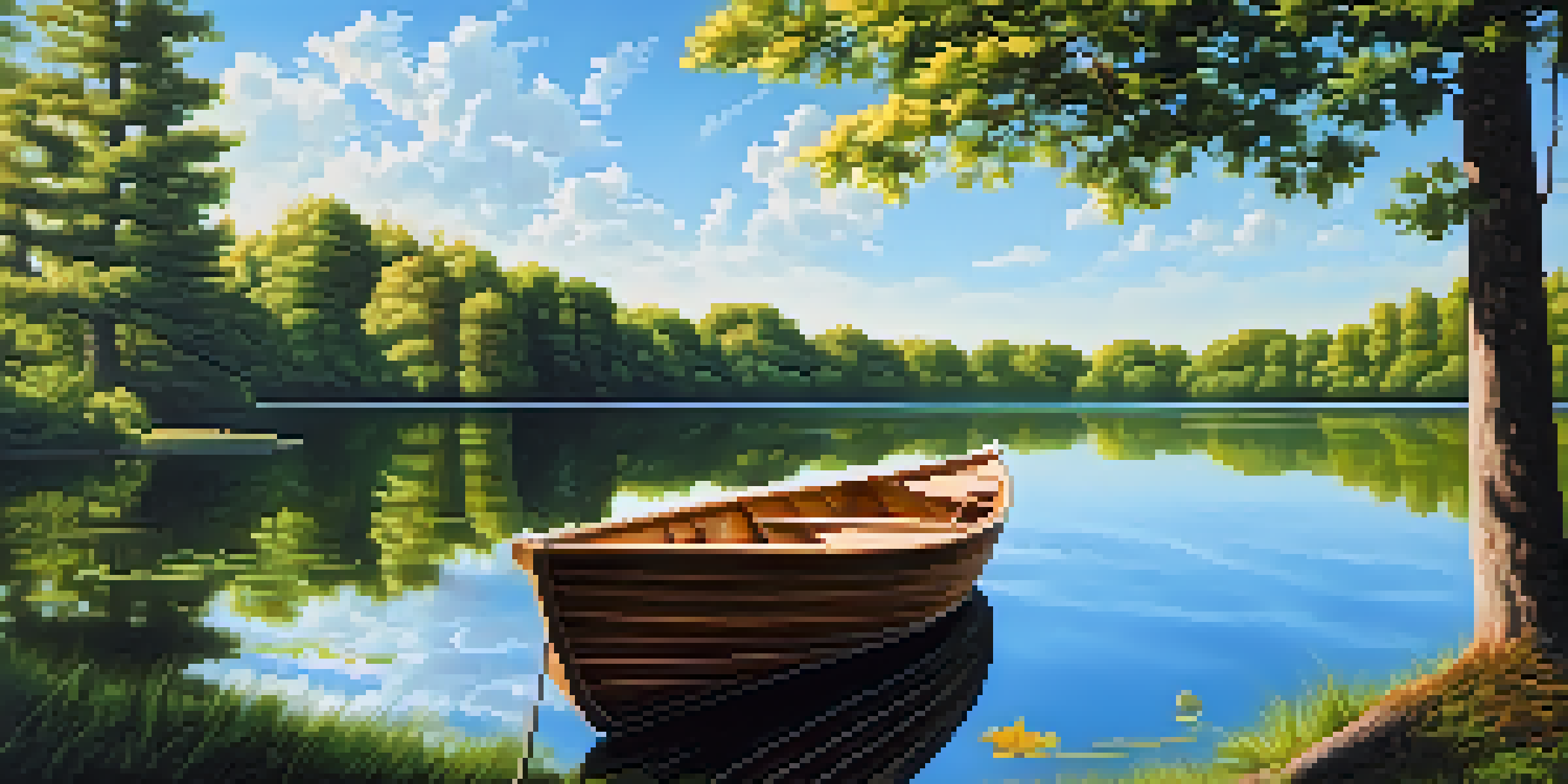 A tranquil lake surrounded by green forests reflecting the trees and sky, with a small wooden boat floating on the water.