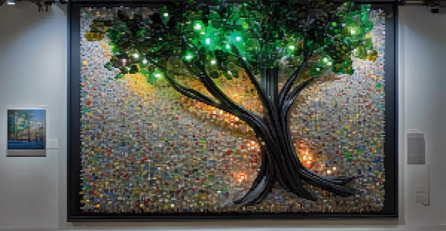 A close-up of an environmental art installation made from recycled materials, shaped like a tree and softly illuminated by LED lights.
