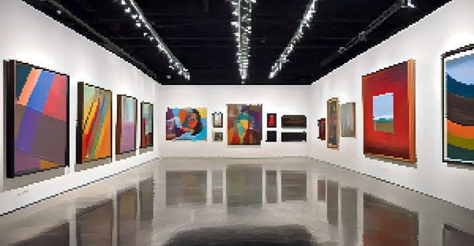 A lively art gallery displaying contemporary paintings with diverse visitors admiring the artworks.
