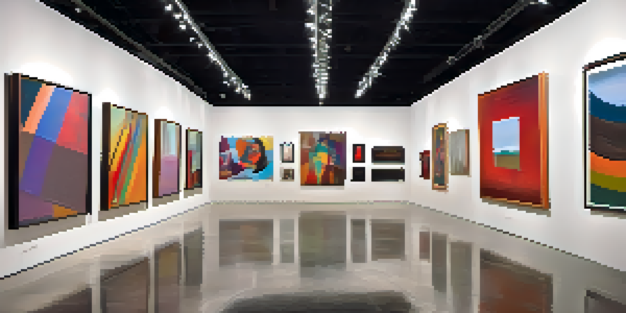 A lively art gallery displaying contemporary paintings with diverse visitors admiring the artworks.