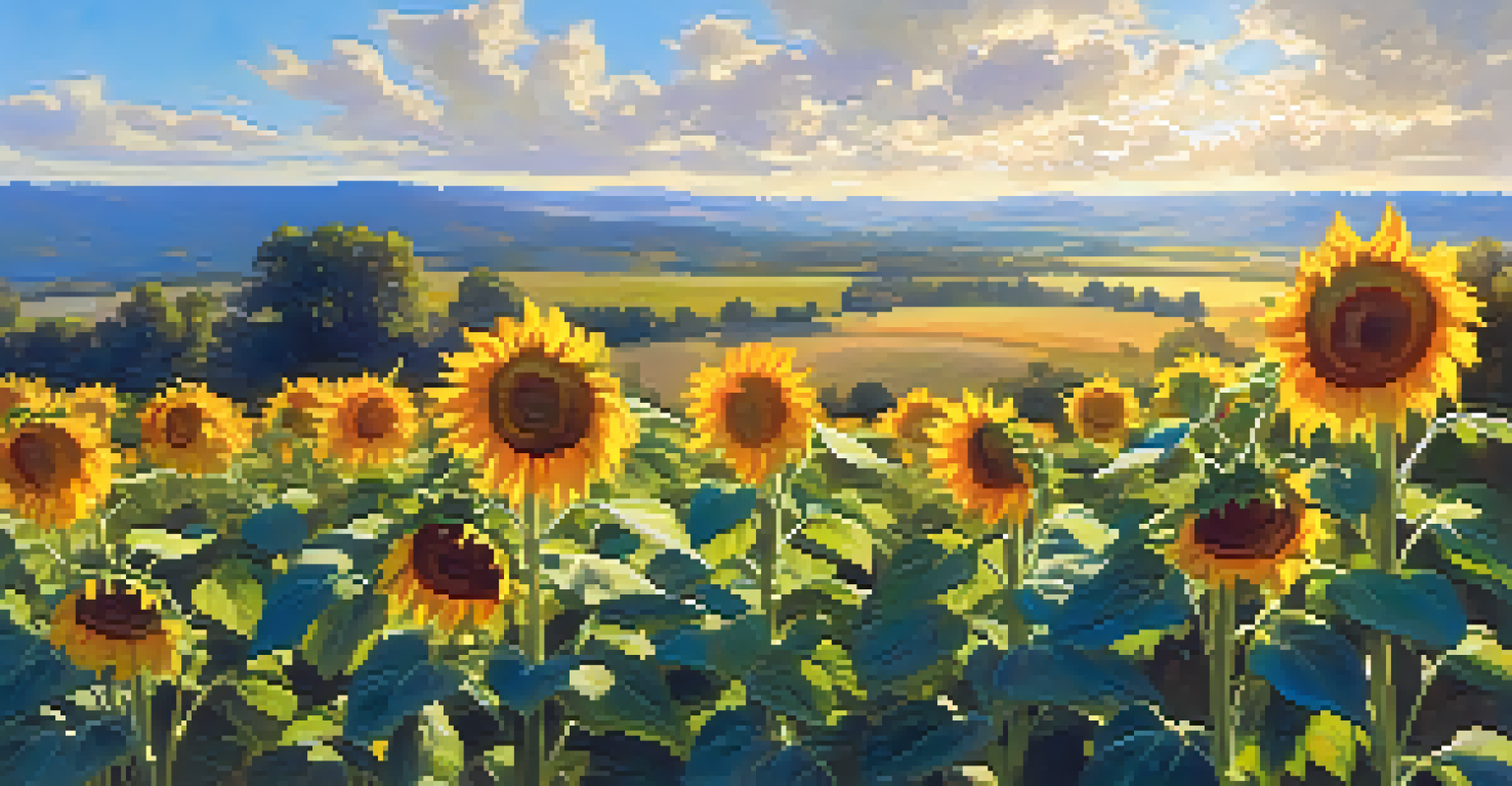A colorful field of sunflowers under a blue sky with fluffy clouds, depicting a warm summer day.