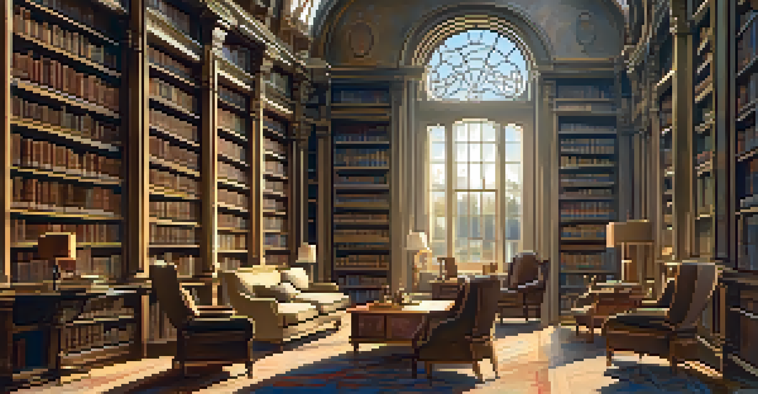 A grand library with tall bookshelves, warm lighting, and a wooden table with an open book.