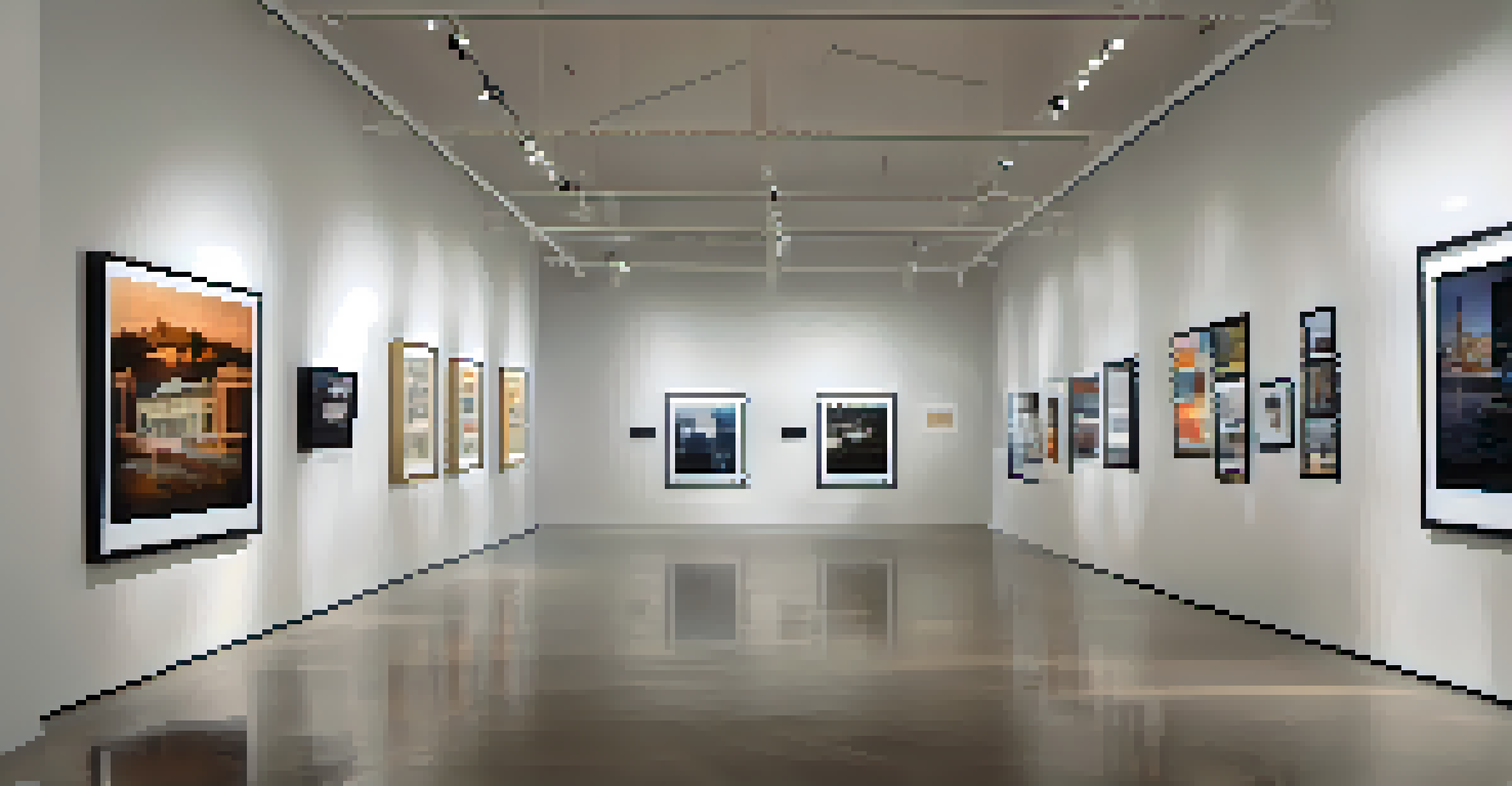 A digital art installation in a modern gallery displaying a collage of historical photographs and contemporary artworks, with soft lighting.