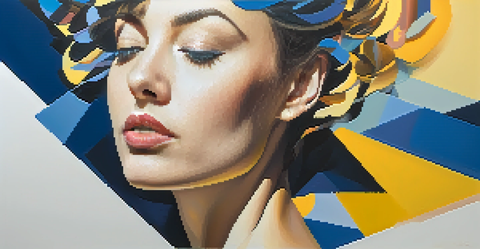 An abstract portrait with swirling colors and fragmented shapes, set against a gradient background of deep blues and vibrant yellows.
