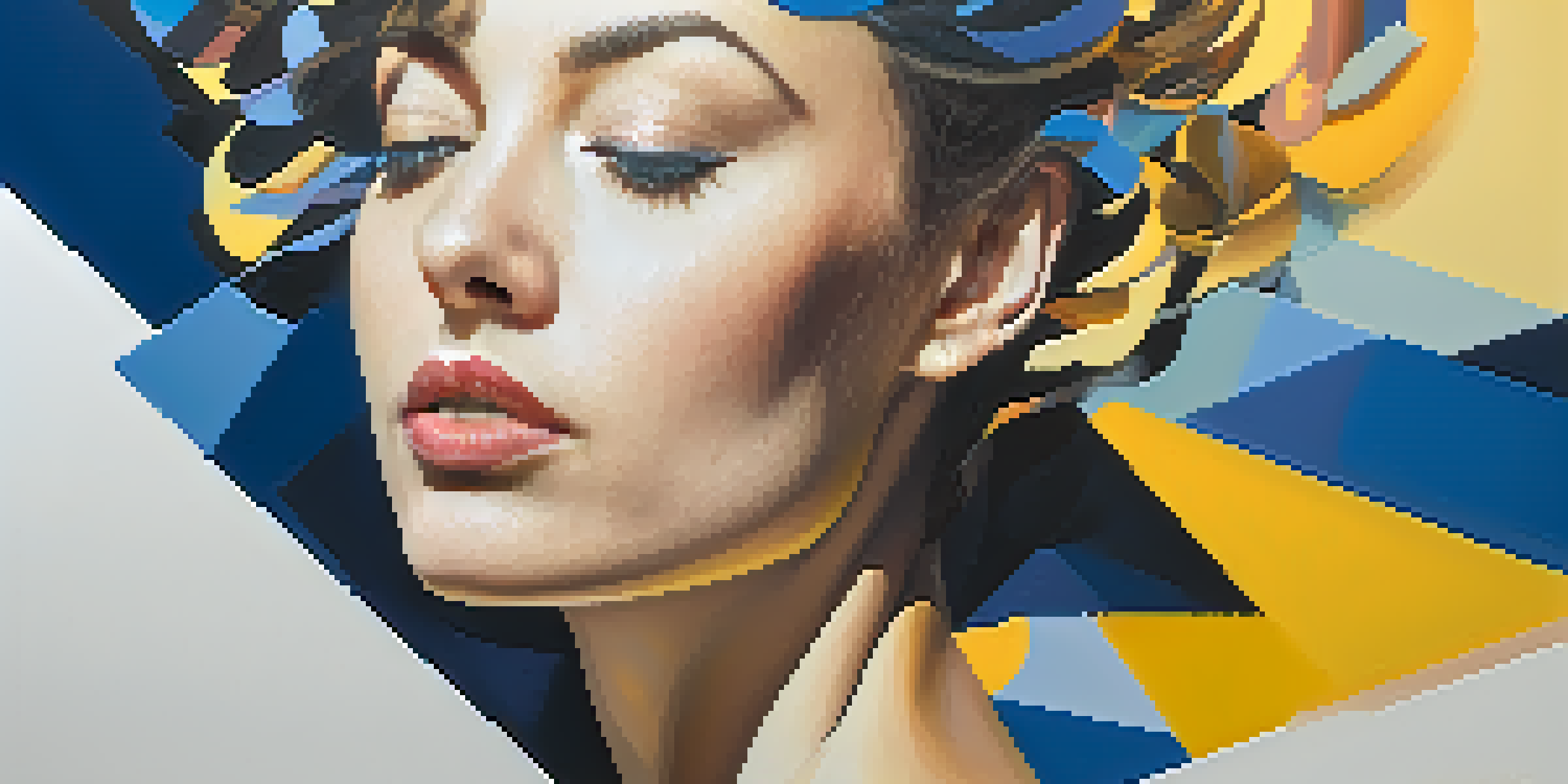 An abstract portrait with swirling colors and fragmented shapes, set against a gradient background of deep blues and vibrant yellows.