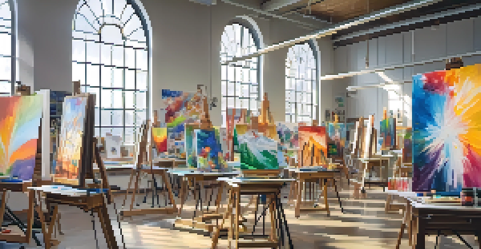 An art classroom with students painting at easels, colorful canvases, and sunlight pouring in through windows.