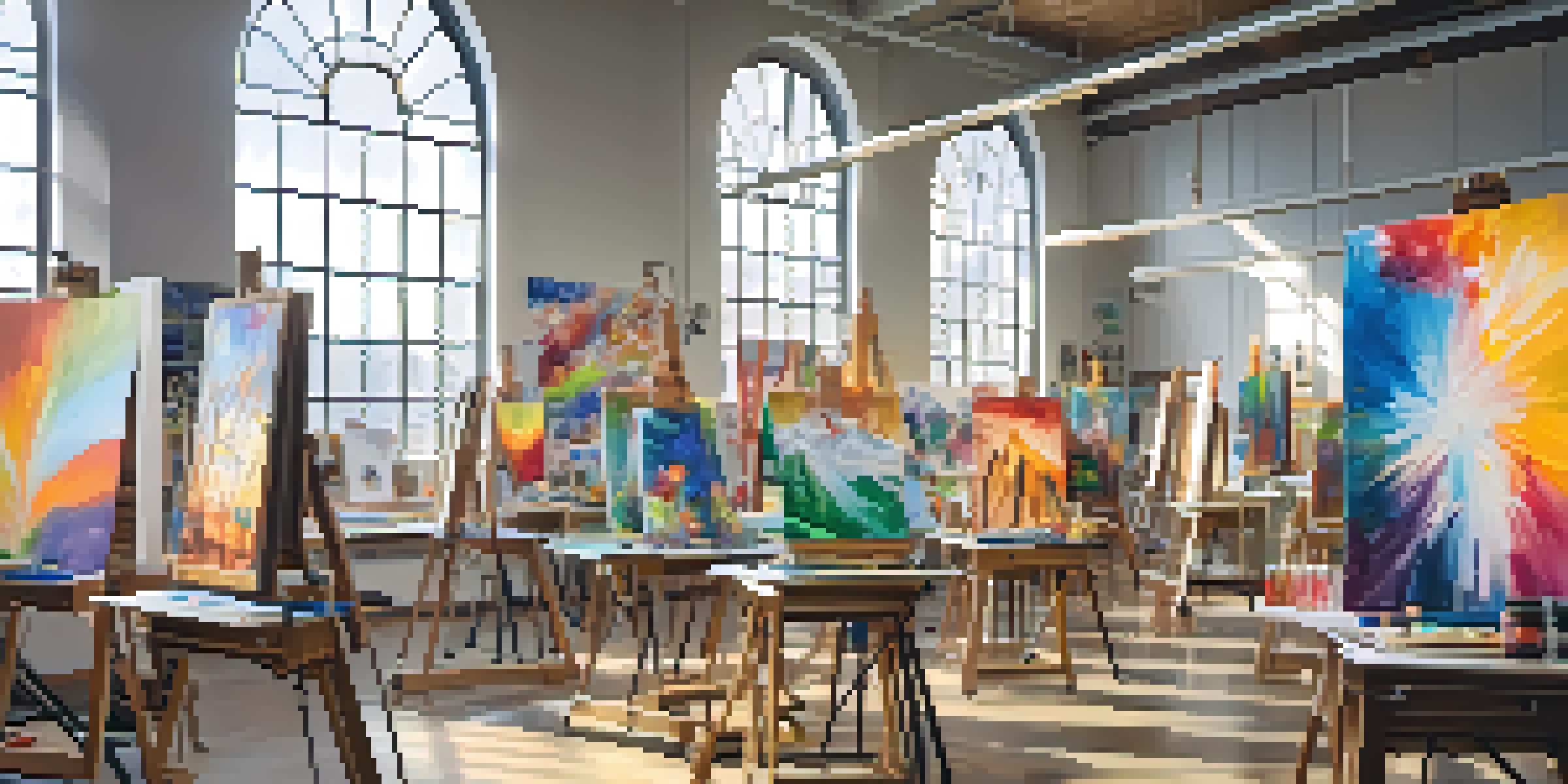 An art classroom with students painting at easels, colorful canvases, and sunlight pouring in through windows.