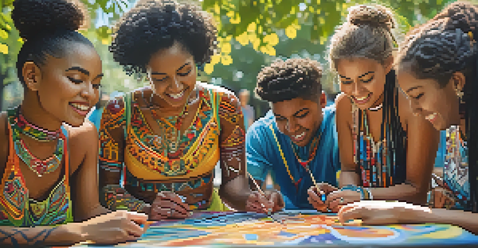 A group of diverse individuals engaged in a vibrant body painting session outdoors, surrounded by greenery and colorful paints, showcasing intricate designs.