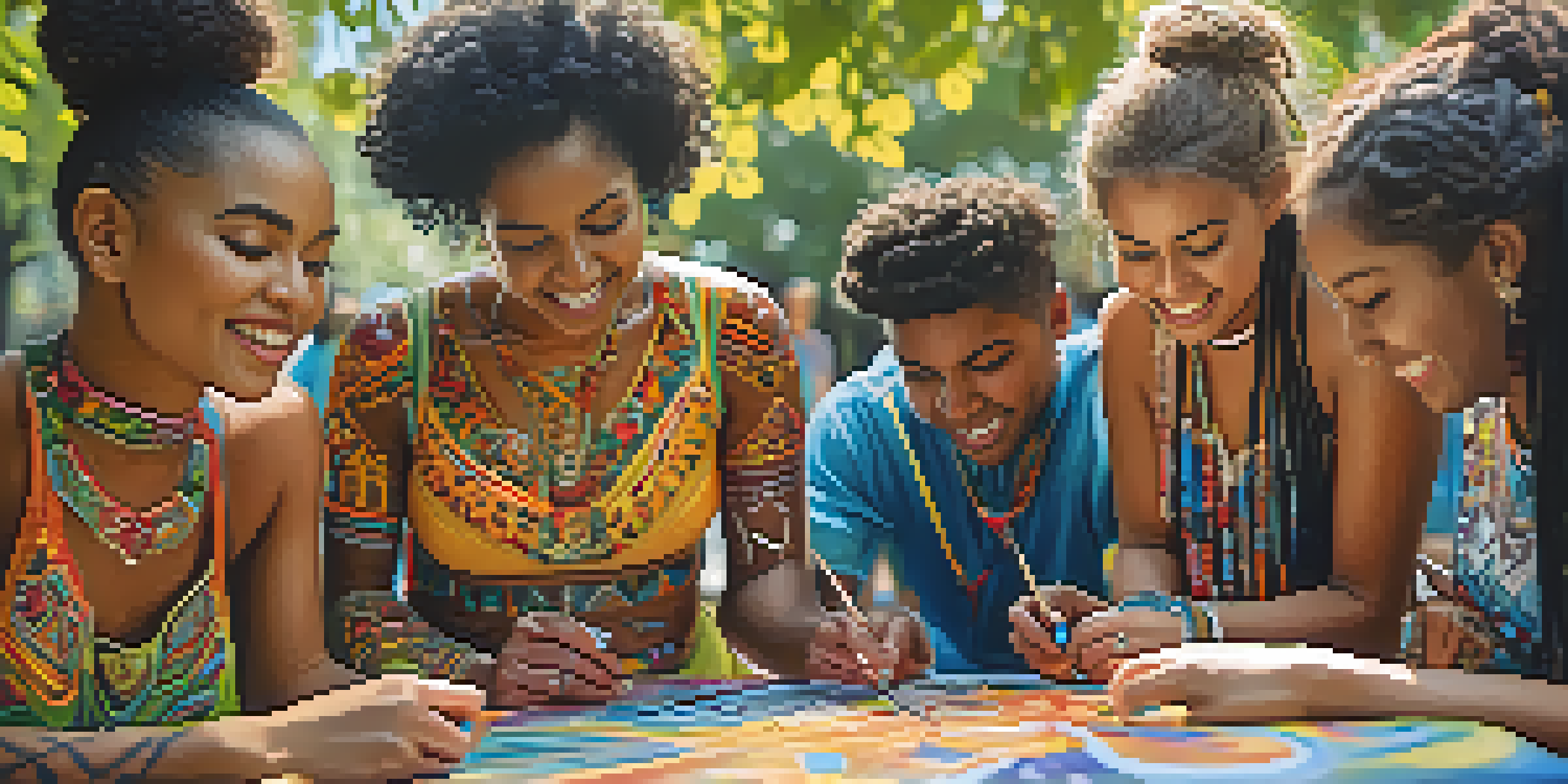 A group of diverse individuals engaged in a vibrant body painting session outdoors, surrounded by greenery and colorful paints, showcasing intricate designs.