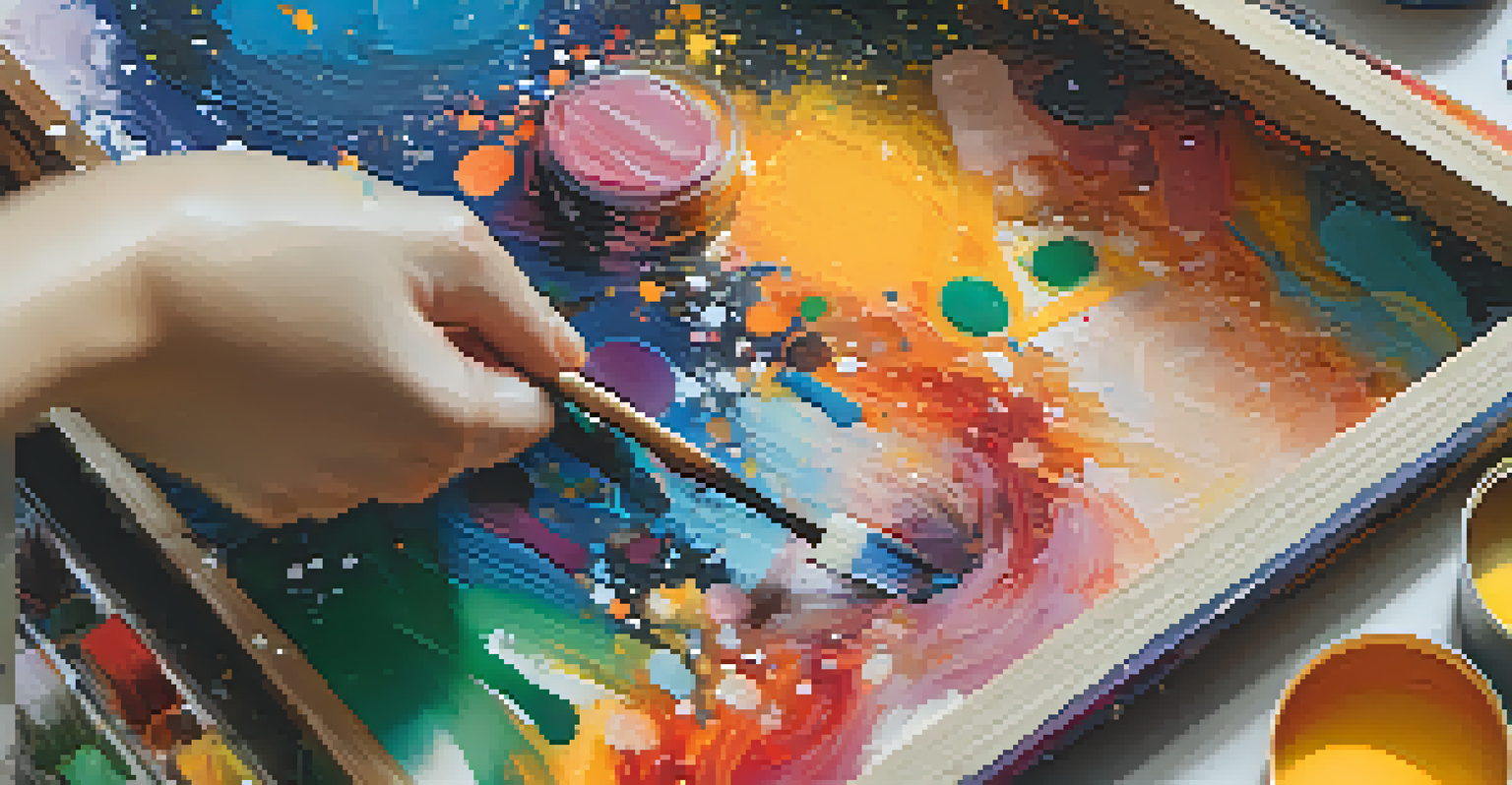 Close-up of a female artist's hands painting an abstract piece on canvas, showing vibrant colors and textures.