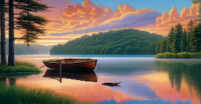 A calming sunset over a lake with vibrant orange and pink reflections, surrounded by green trees and a small wooden boat.