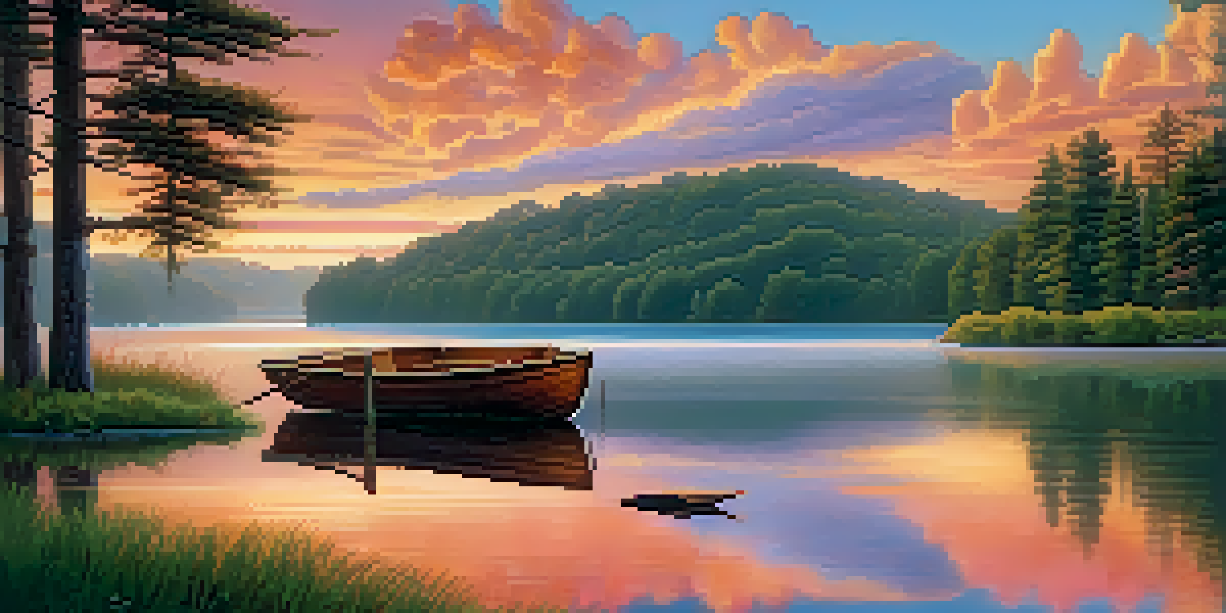 A calming sunset over a lake with vibrant orange and pink reflections, surrounded by green trees and a small wooden boat.