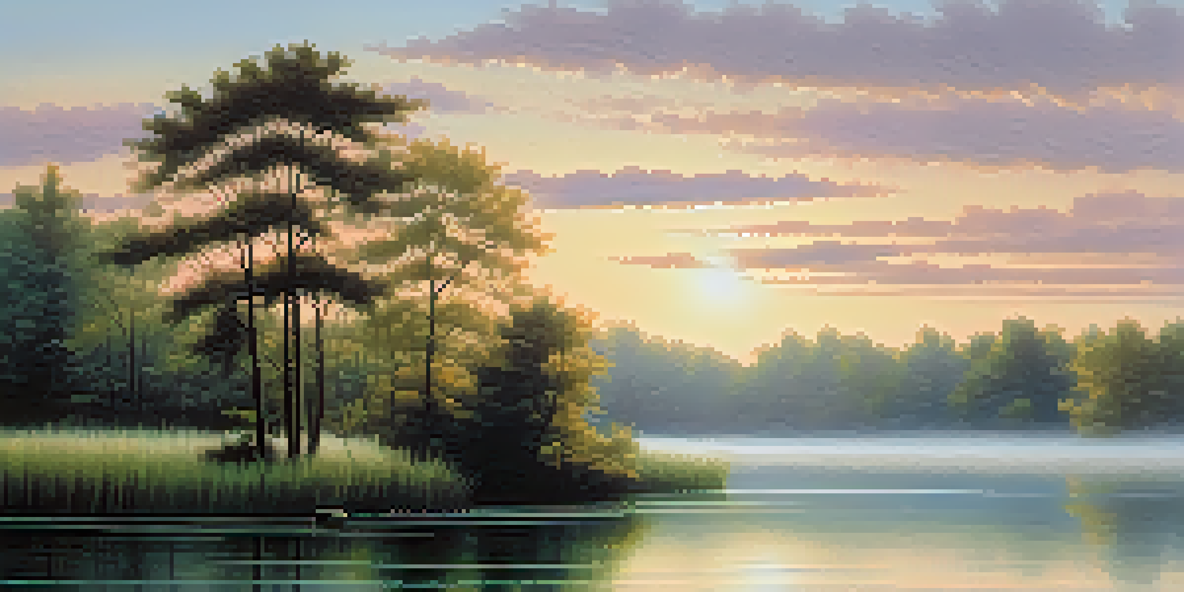 A peaceful landscape with a calm lake and pastel sky at dawn, surrounded by green trees and mist.